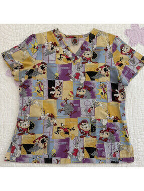 Looney Tunes Womens Scrub Top V-Neck Short Sleeve Multicolor Small